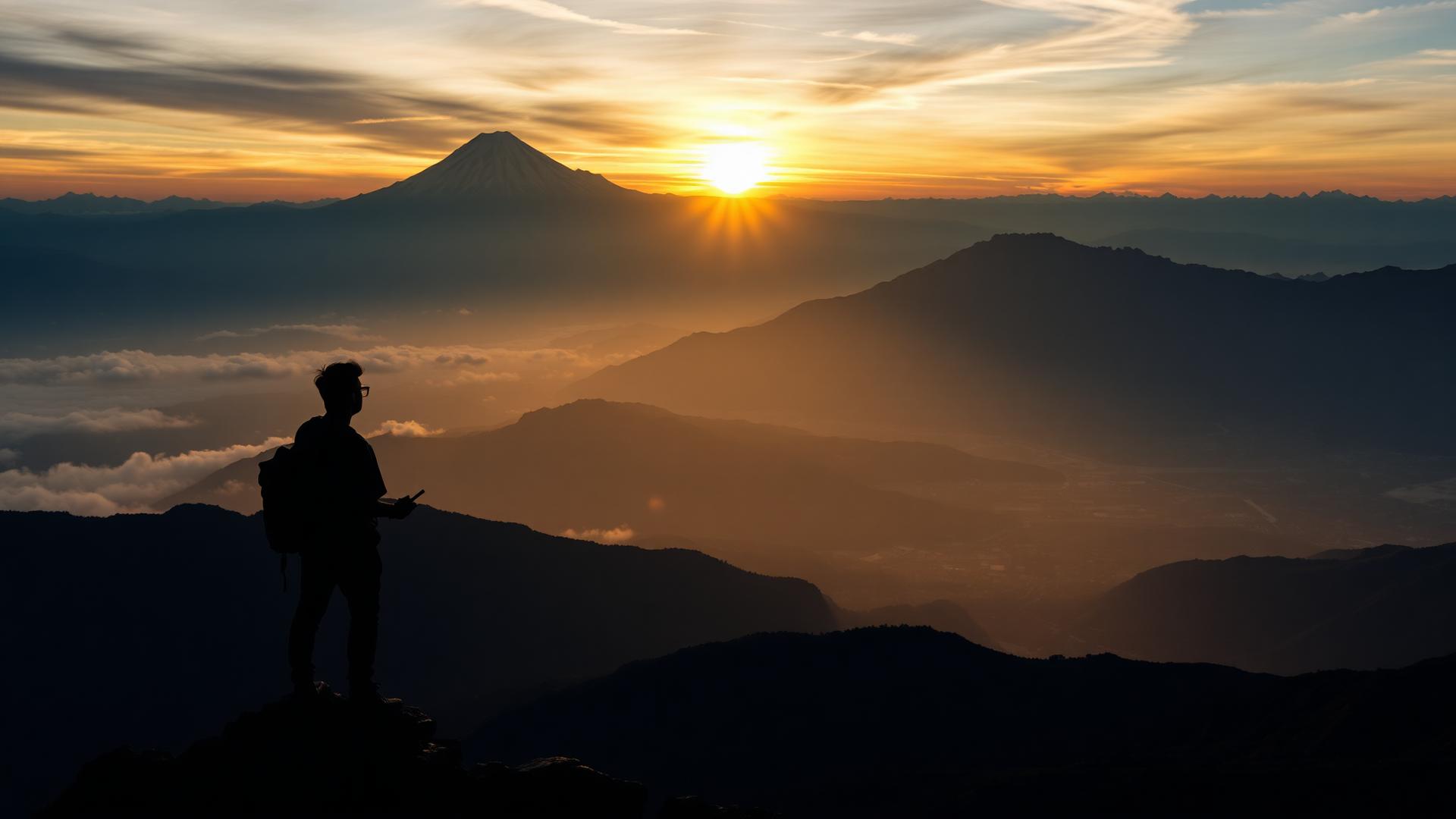 Traveler at sunrise overlooking mountains